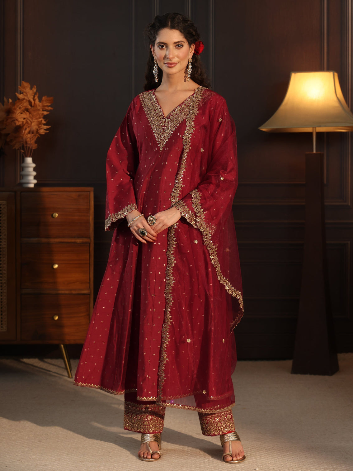 Mameraa Red Ethnic Motif Woven Design Silk Blend Anarkali Suit Set