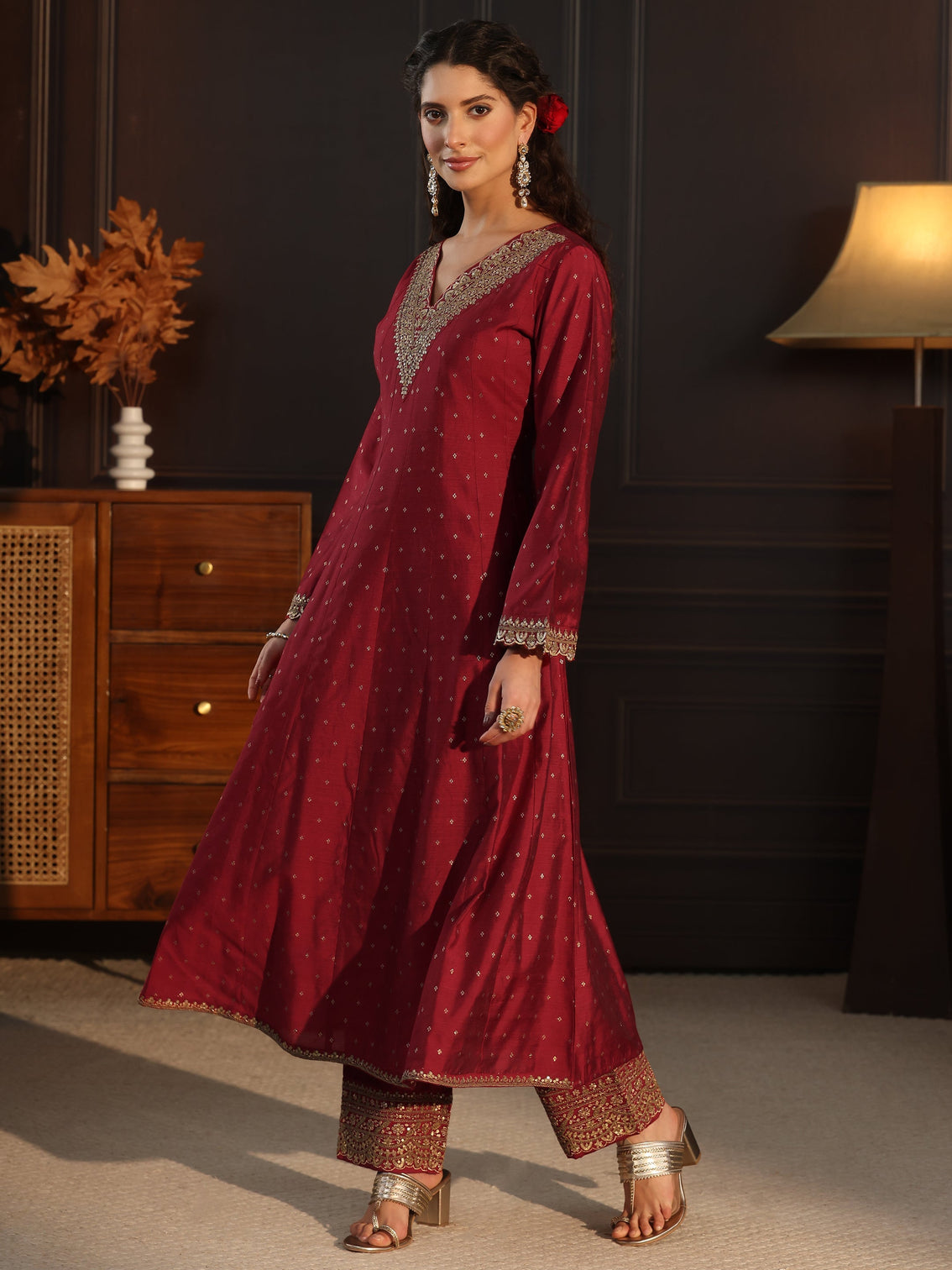 Mameraa Red Ethnic Motif Woven Design Silk Blend Anarkali Suit Set