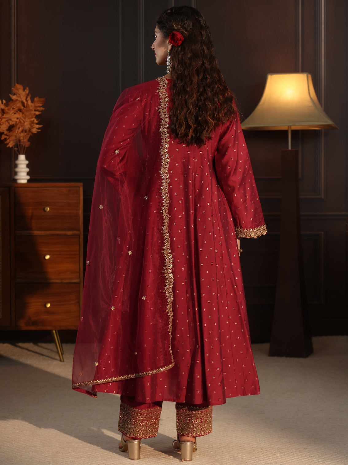 Mameraa Red Ethnic Motif Woven Design Silk Blend Anarkali Suit Set