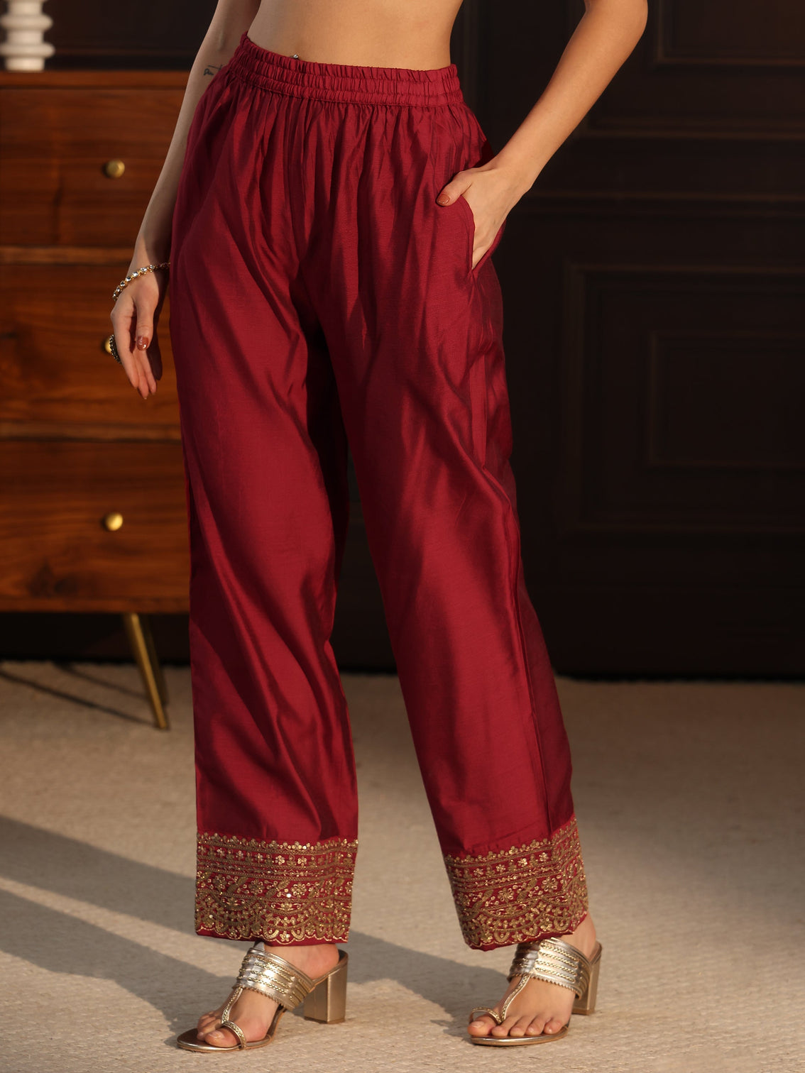 Mameraa Red Ethnic Motif Woven Design Silk Blend Anarkali Suit Set