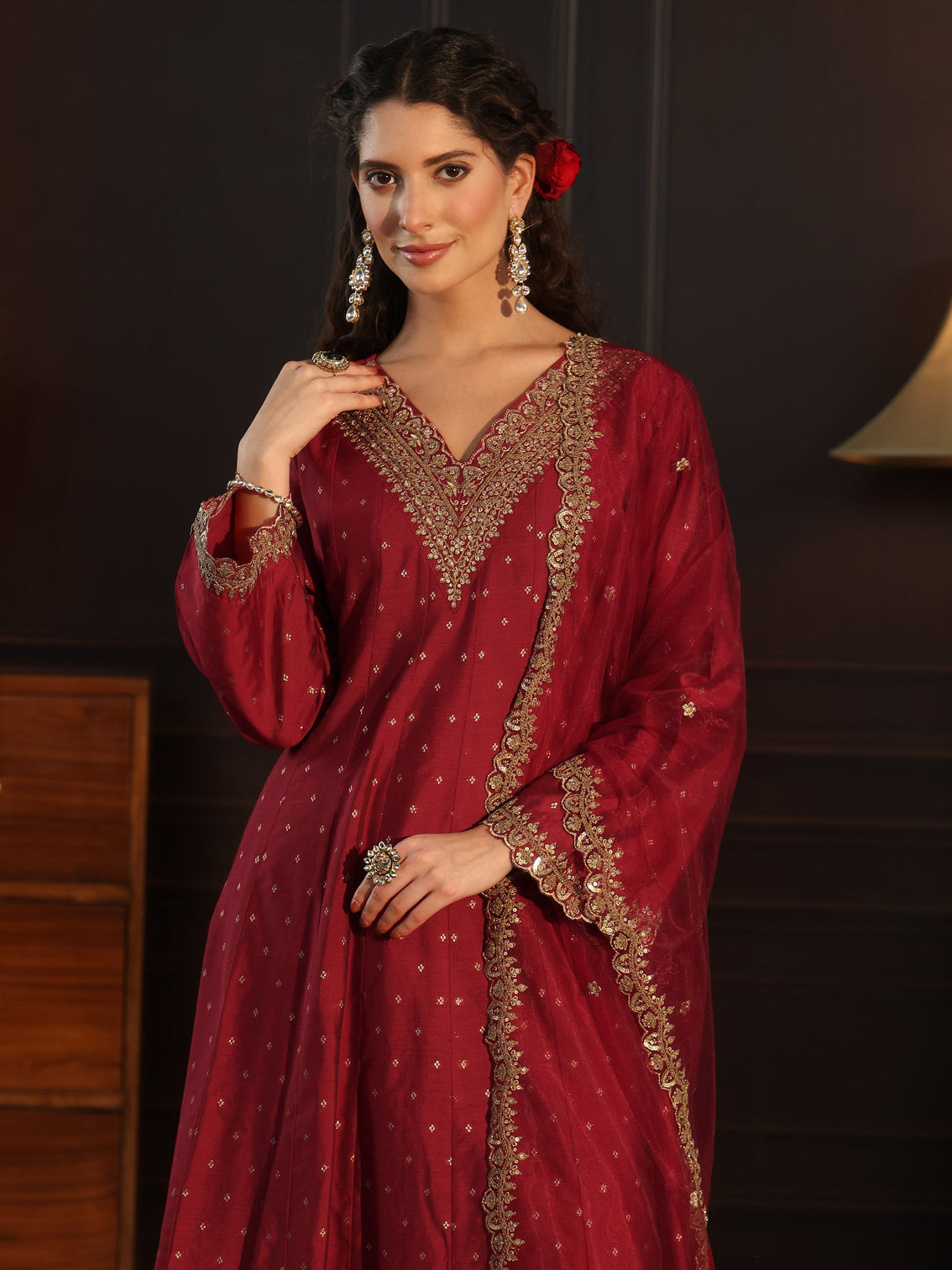 Mameraa Red Ethnic Motif Woven Design Silk Blend Anarkali Suit Set
