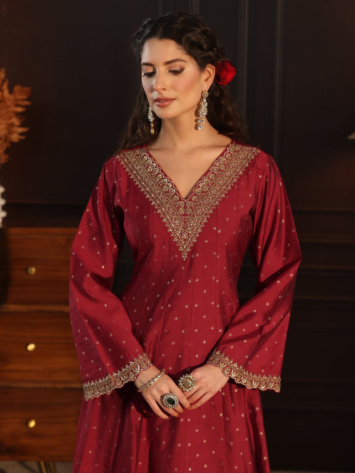 Mameraa Red Ethnic Motif Woven Design Silk Blend Anarkali Suit Set