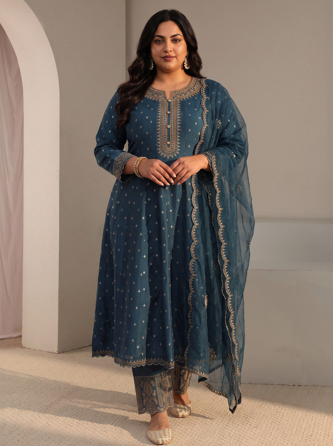 Plus Size Teal Woven Design Silk Blend A-Line Suit Set With Dupatta