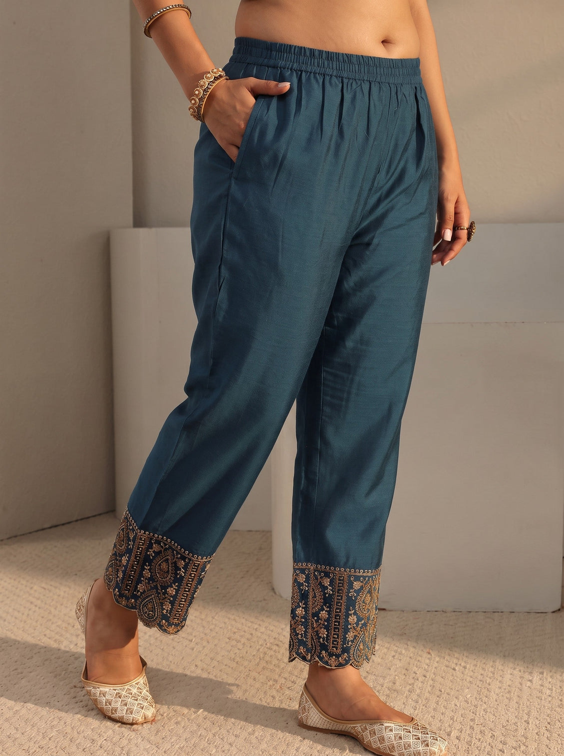 Plus Size Teal Woven Design Silk Blend A-Line Suit Set With Dupatta