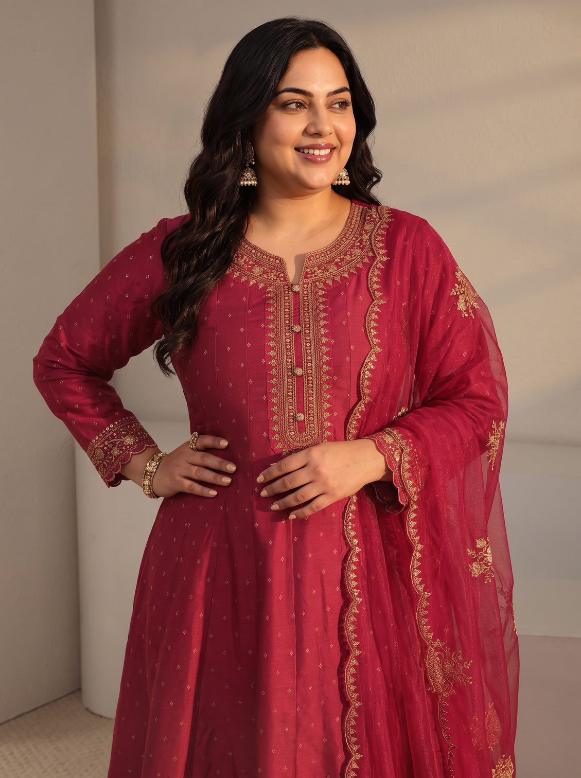 Plus Size Red Woven Design Silk Blend A-Line Suit Set With Dupatta