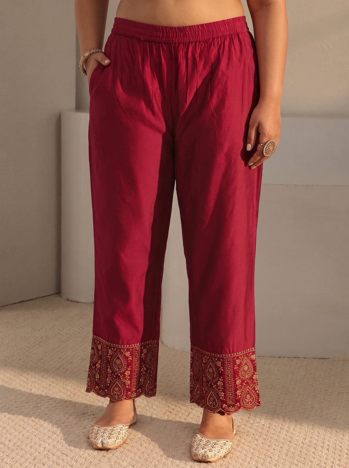 Plus Size Red Woven Design Silk Blend A-Line Suit Set With Dupatta