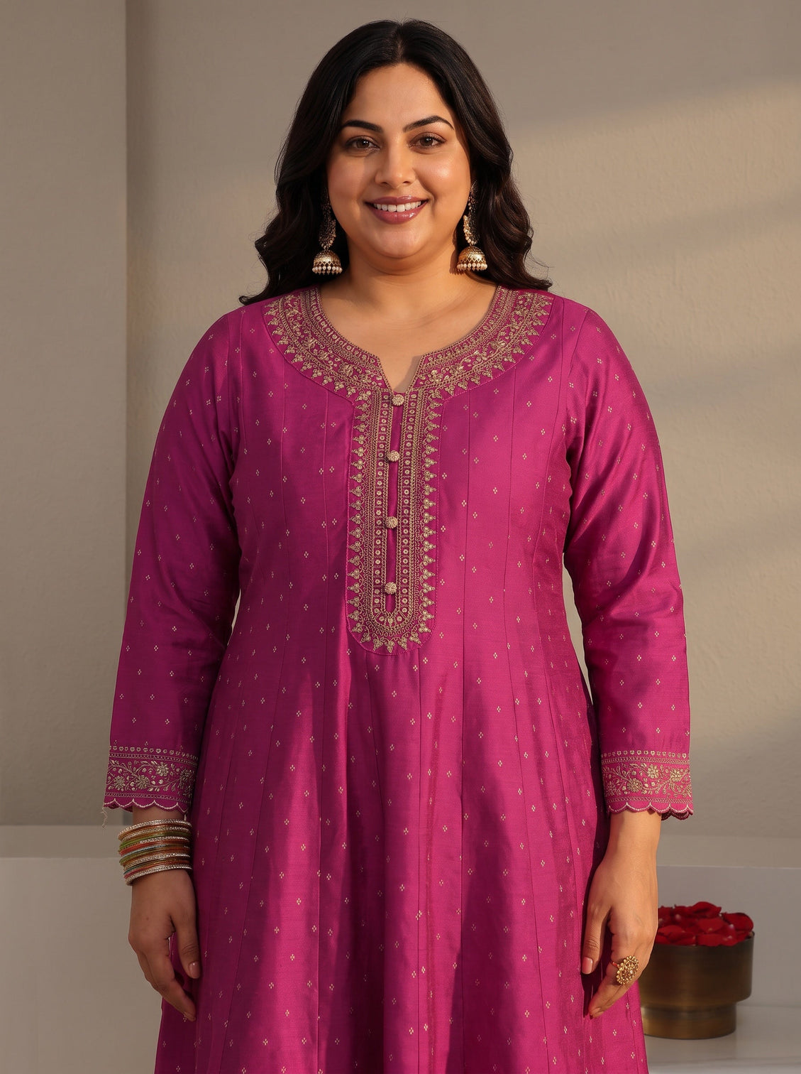 Plus Size Pink Woven Design Silk Blend A-Line Suit Set With Dupatta