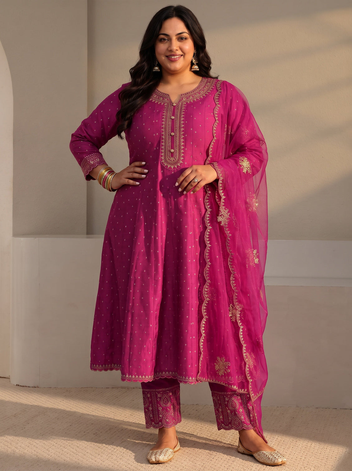 Plus Size Pink Woven Design Silk Blend A-Line Suit Set With Dupatta