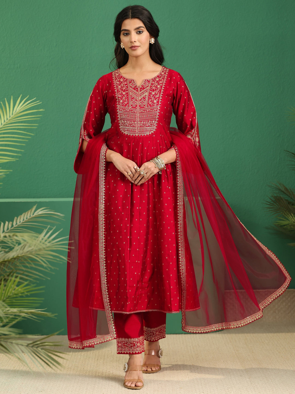 Mameraa Crimson Red Woven Design Silk Blend Anarakali Suit Set