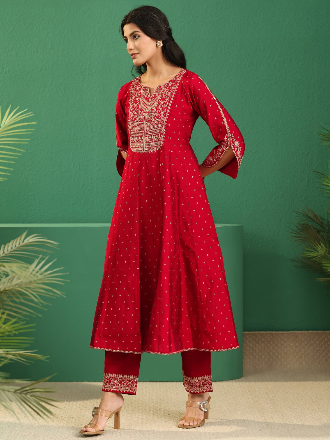 Mameraa Crimson Red Woven Design Silk Blend Anarakali Suit Set