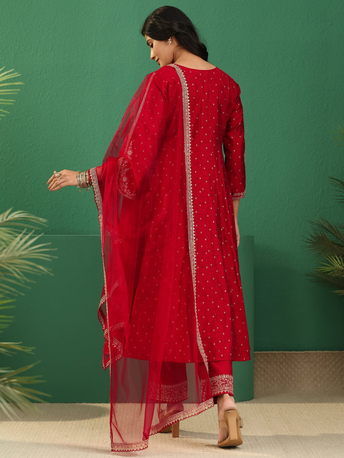 Mameraa Crimson Red Woven Design Silk Blend Anarakali Suit Set