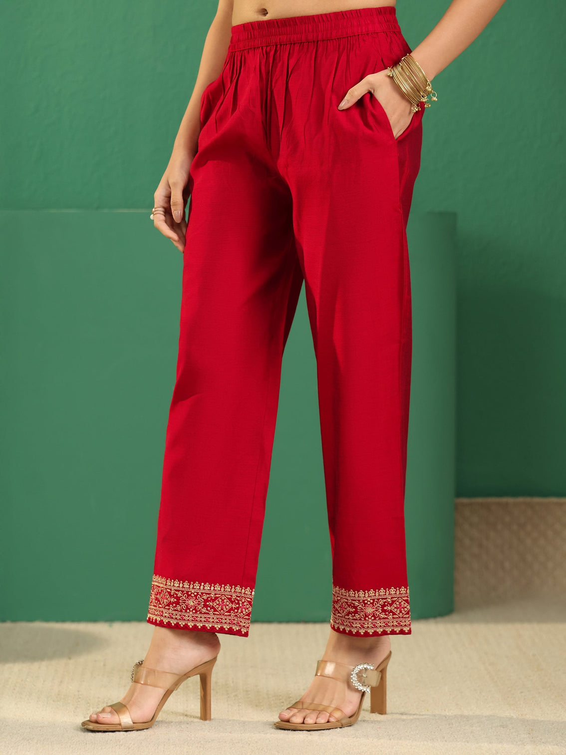 Mameraa Crimson Red Woven Design Silk Blend Anarakali Suit Set