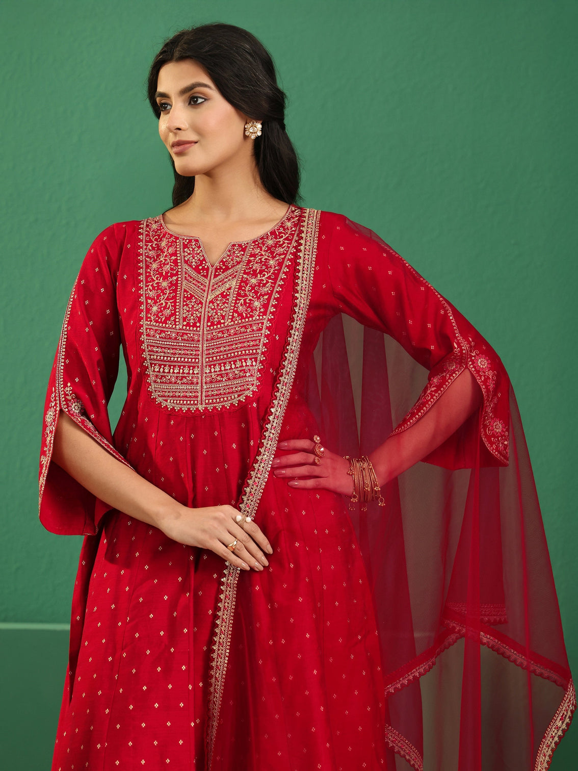 Mameraa Crimson Red Woven Design Silk Blend Anarakali Suit Set