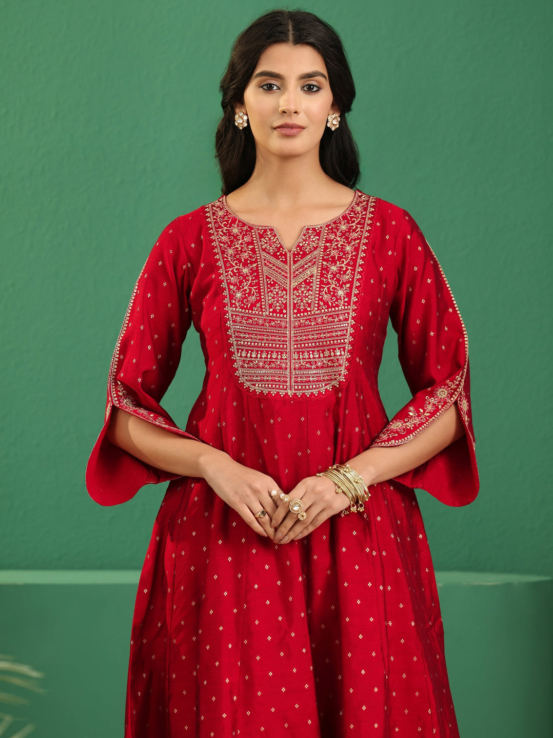 Mameraa Crimson Red Woven Design Silk Blend Anarakali Suit Set