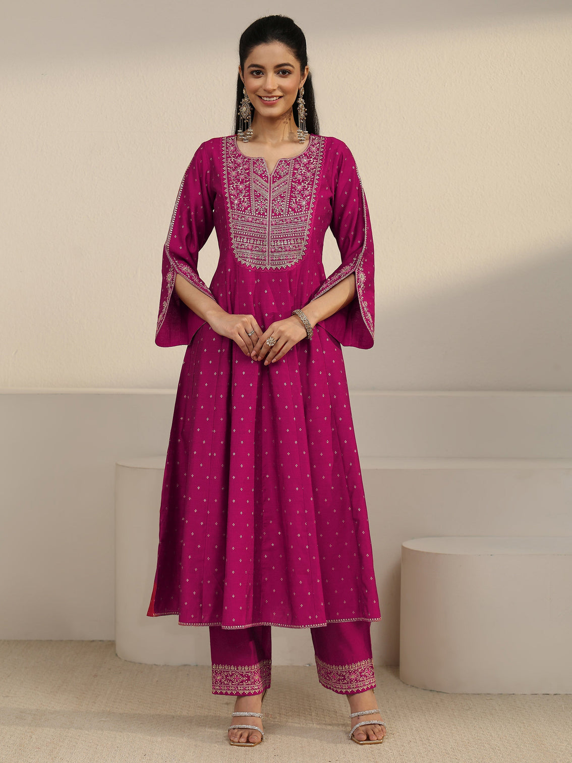 Mameraa Magenta Pink Floral Embroidered Silk Blend Anarakali Suit Set
