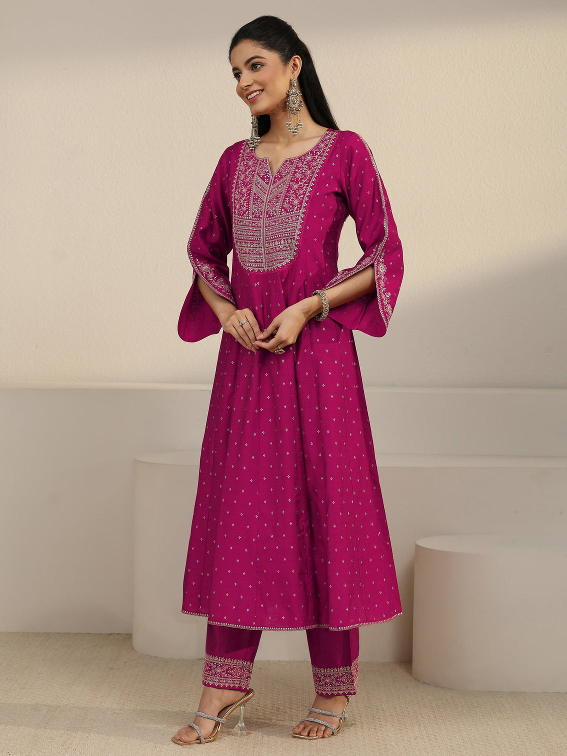 Mameraa Magenta Pink Floral Embroidered Silk Blend Anarakali Suit Set