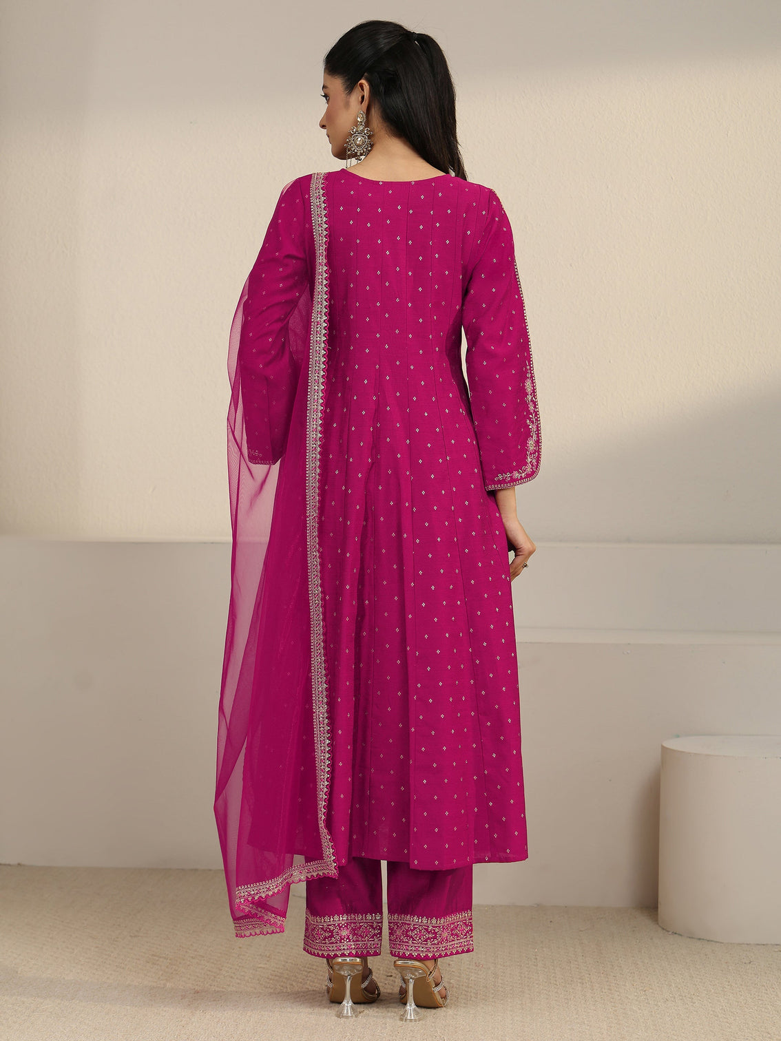Mameraa Magenta Pink Floral Embroidered Silk Blend Anarakali Suit Set