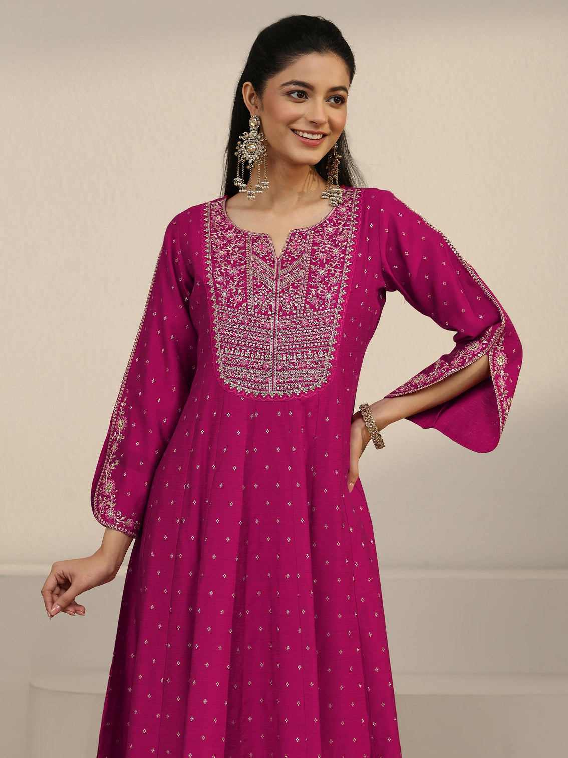 Mameraa Magenta Pink Floral Embroidered Silk Blend Anarakali Suit Set