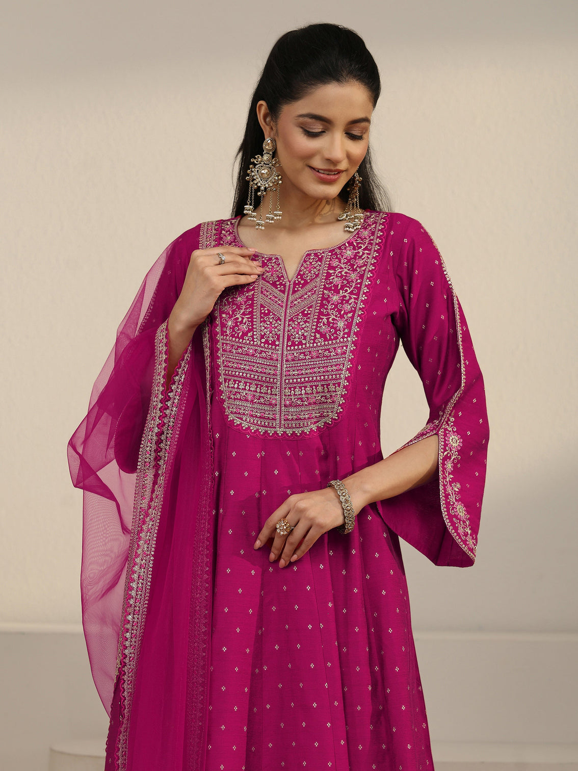 Mameraa Magenta Pink Floral Embroidered Silk Blend Anarakali Suit Set