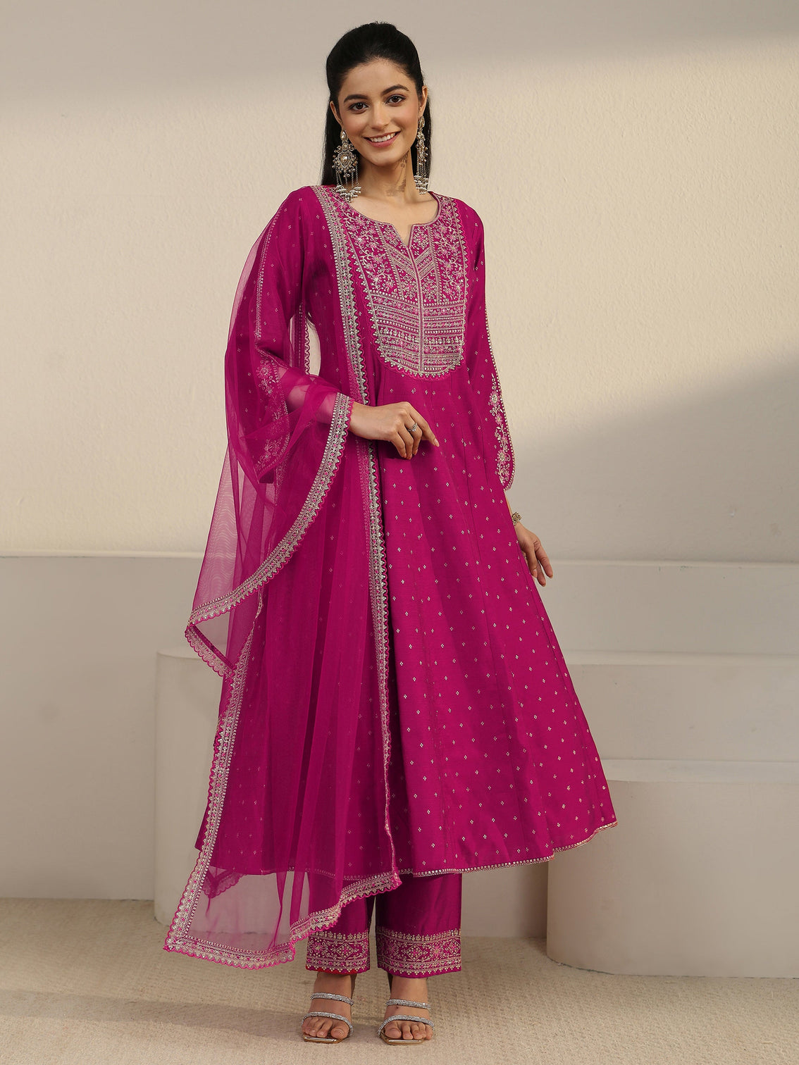 Mameraa Magenta Pink Floral Embroidered Silk Blend Anarakali Suit Set