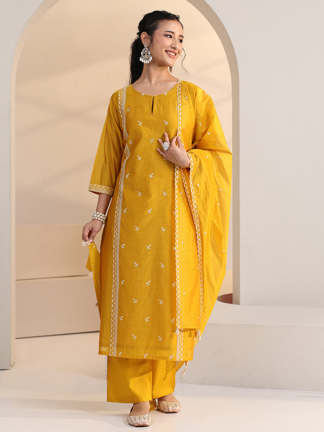 Mameraa Yellow Floral Embroidered Chanderi Silk Straight Suit Set