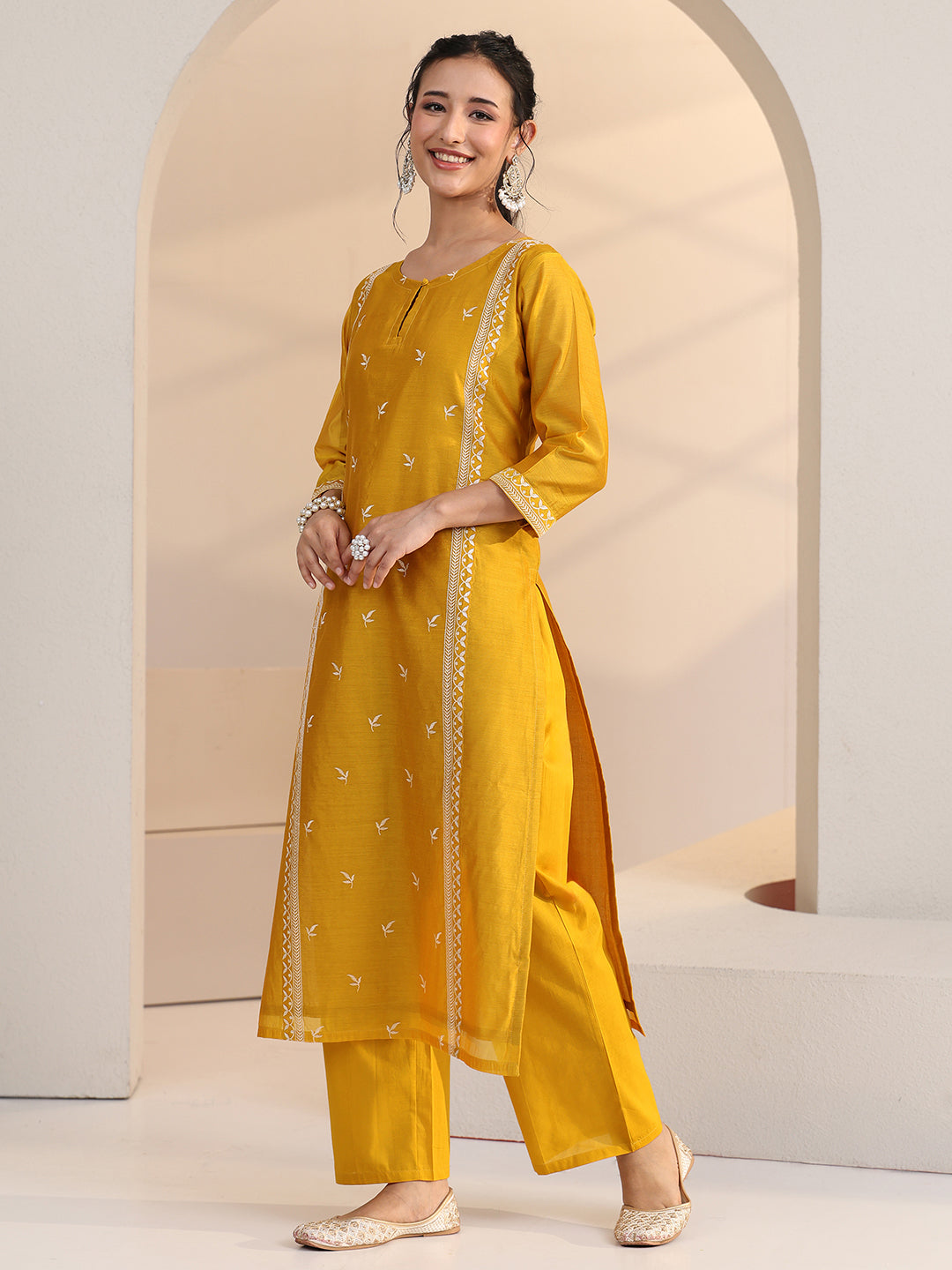 Mameraa Yellow Floral Embroidered Chanderi Silk Straight Suit Set