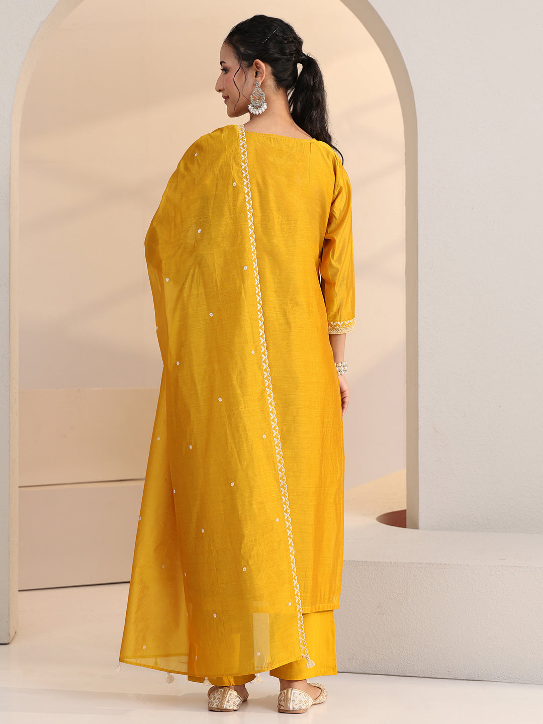 Mameraa Yellow Floral Embroidered Chanderi Silk Straight Suit Set