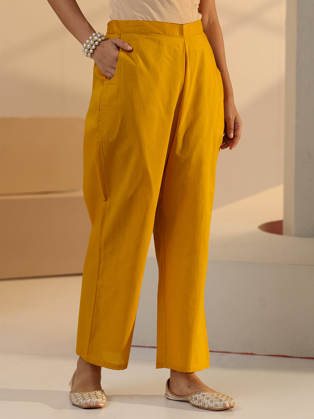 Mameraa Yellow Floral Embroidered Chanderi Silk Straight Suit Set