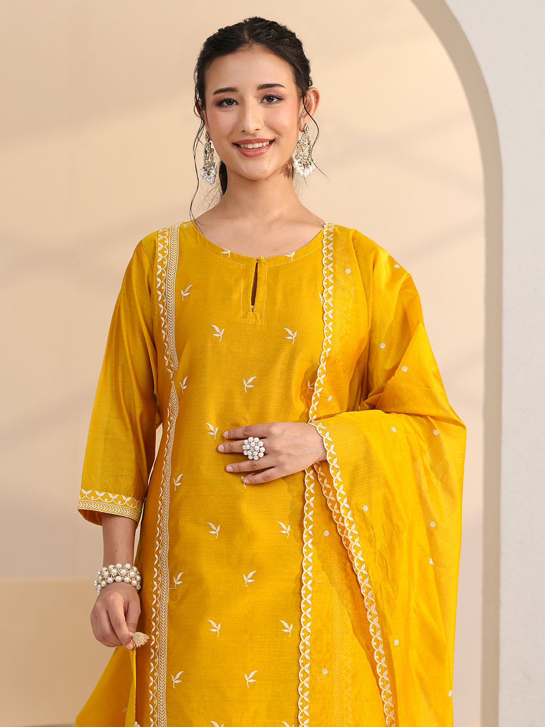 Mameraa Yellow Floral Embroidered Chanderi Silk Straight Suit Set