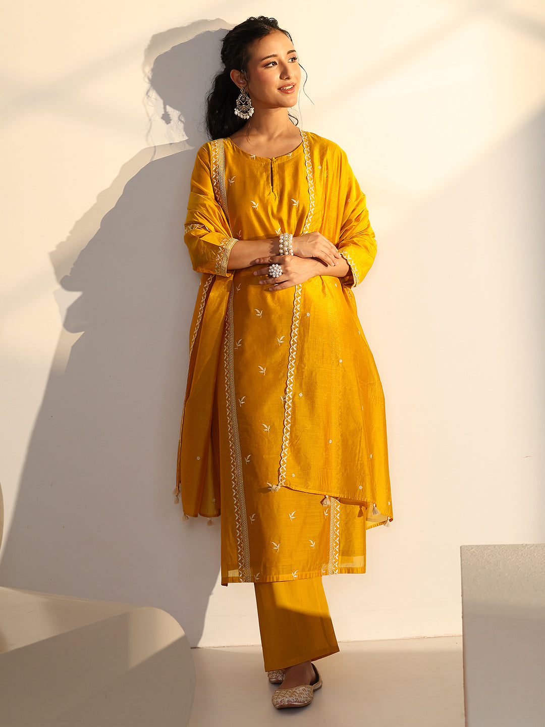 Mameraa Yellow Floral Embroidered Chanderi Silk Straight Suit Set