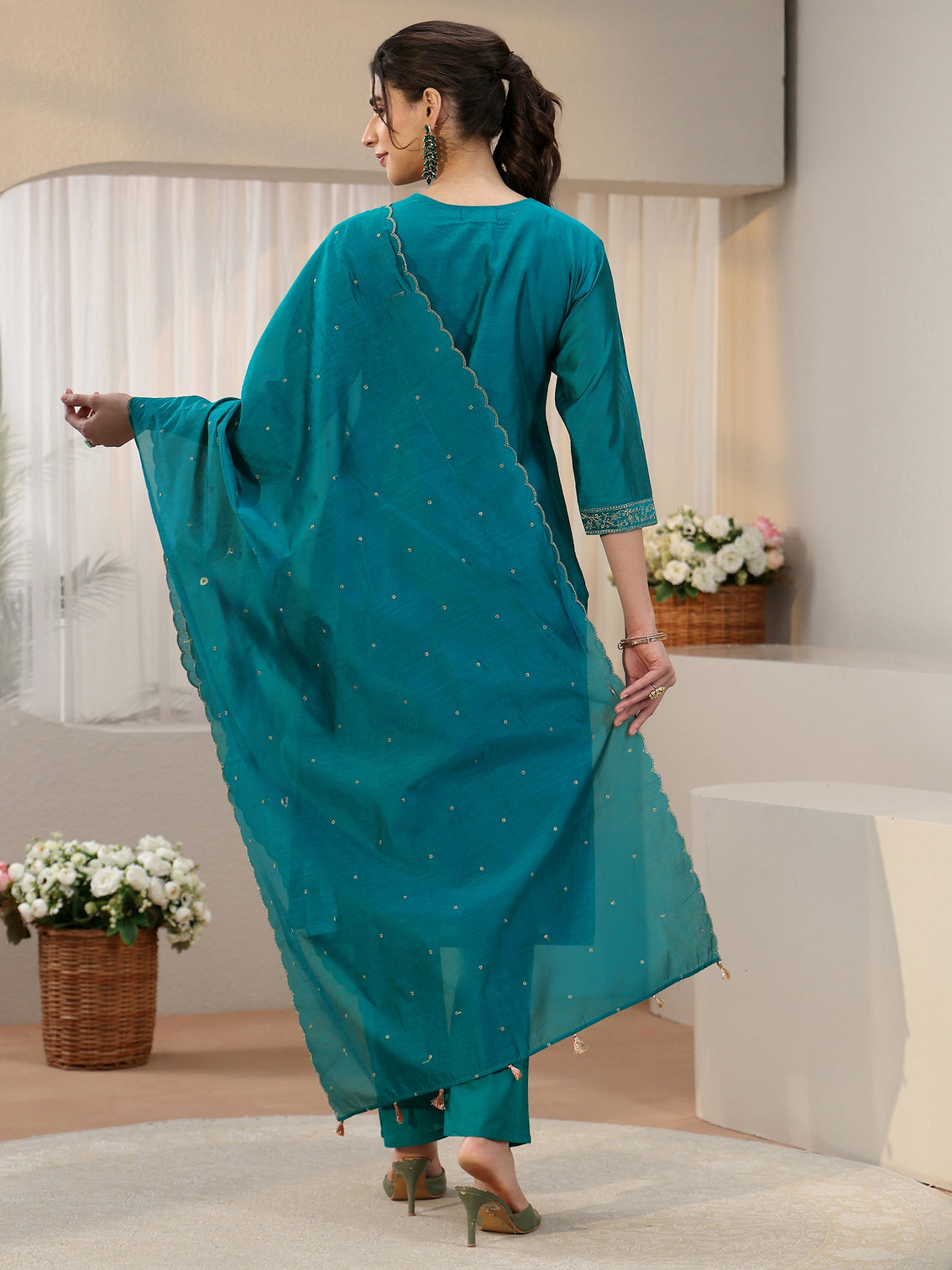 Mameraa Teal Blue Embroiderd Chanderi Silk Straight Suit Set