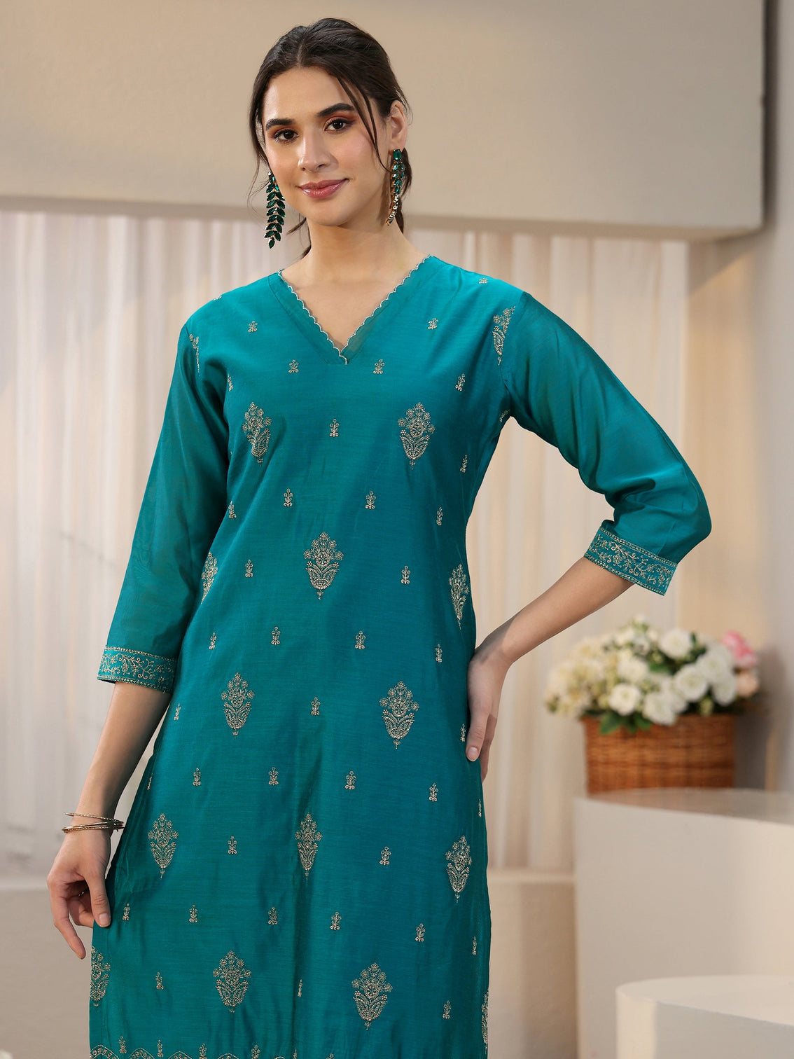 Mameraa Teal Blue Embroiderd Chanderi Silk Straight Suit Set