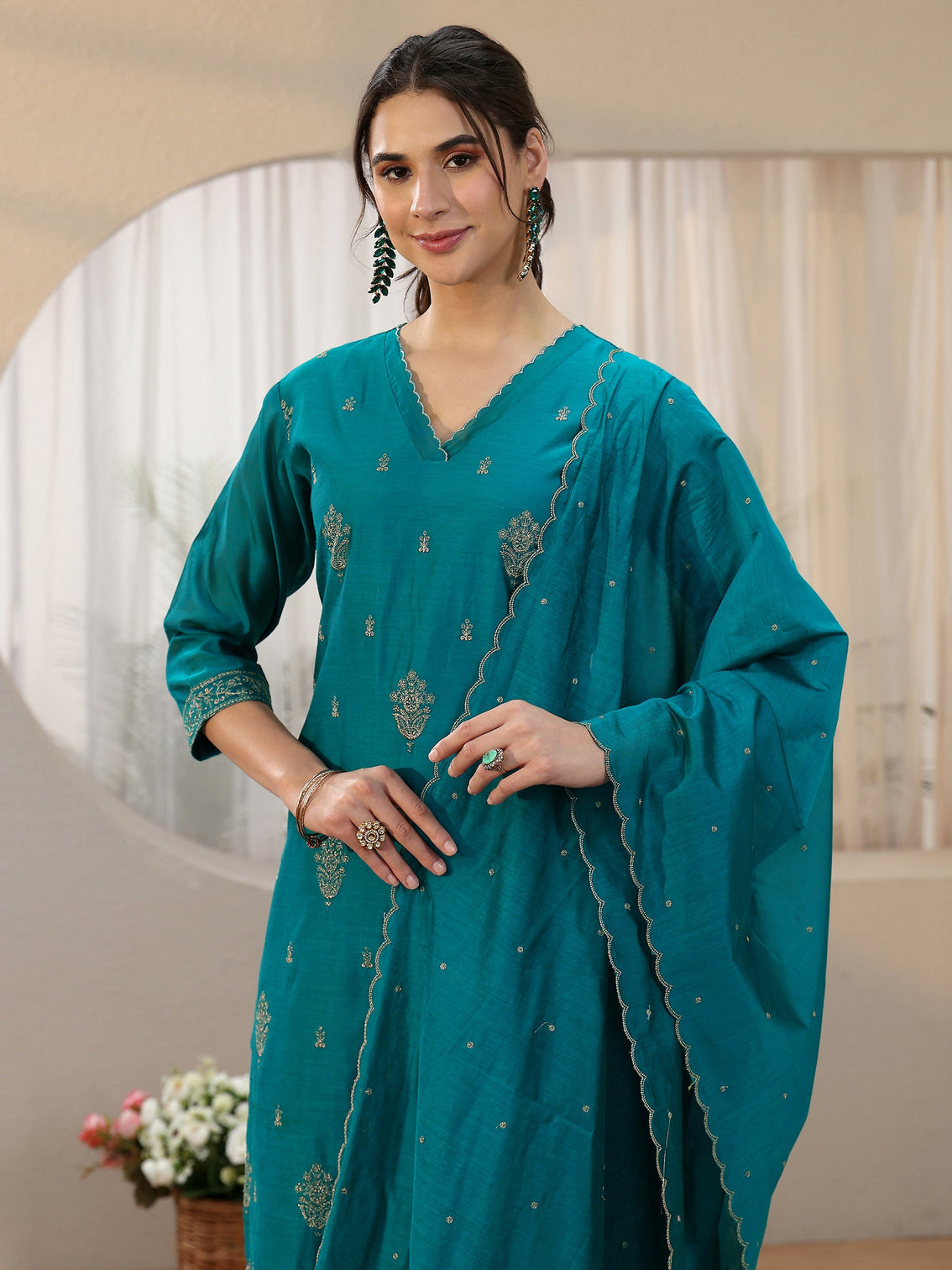 Mameraa Teal Blue Embroiderd Chanderi Silk Straight Suit Set