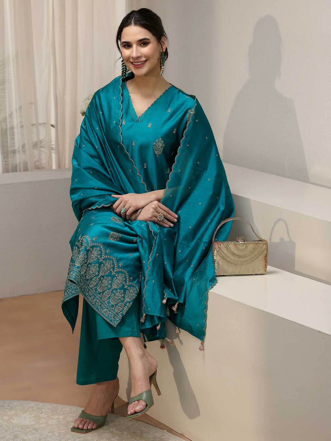 Mameraa Teal Blue Embroiderd Chanderi Silk Straight Suit Set
