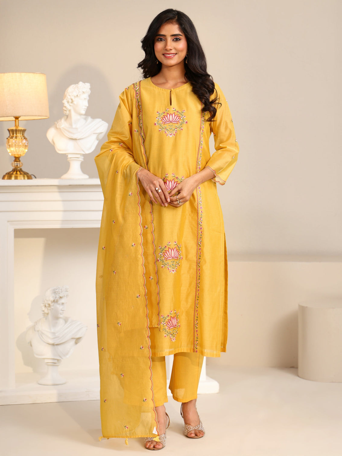 Mameraa Yellow Lotus Embroidered Chanderi Silk Straight Suit Set