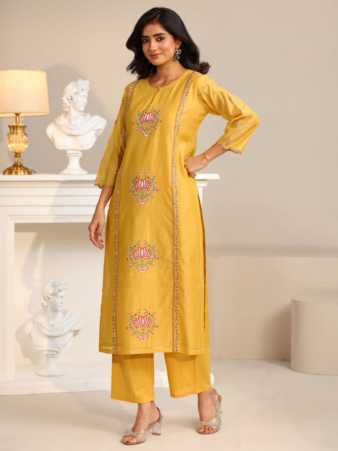 Mameraa Yellow Lotus Embroidered Chanderi Silk Straight Suit Set