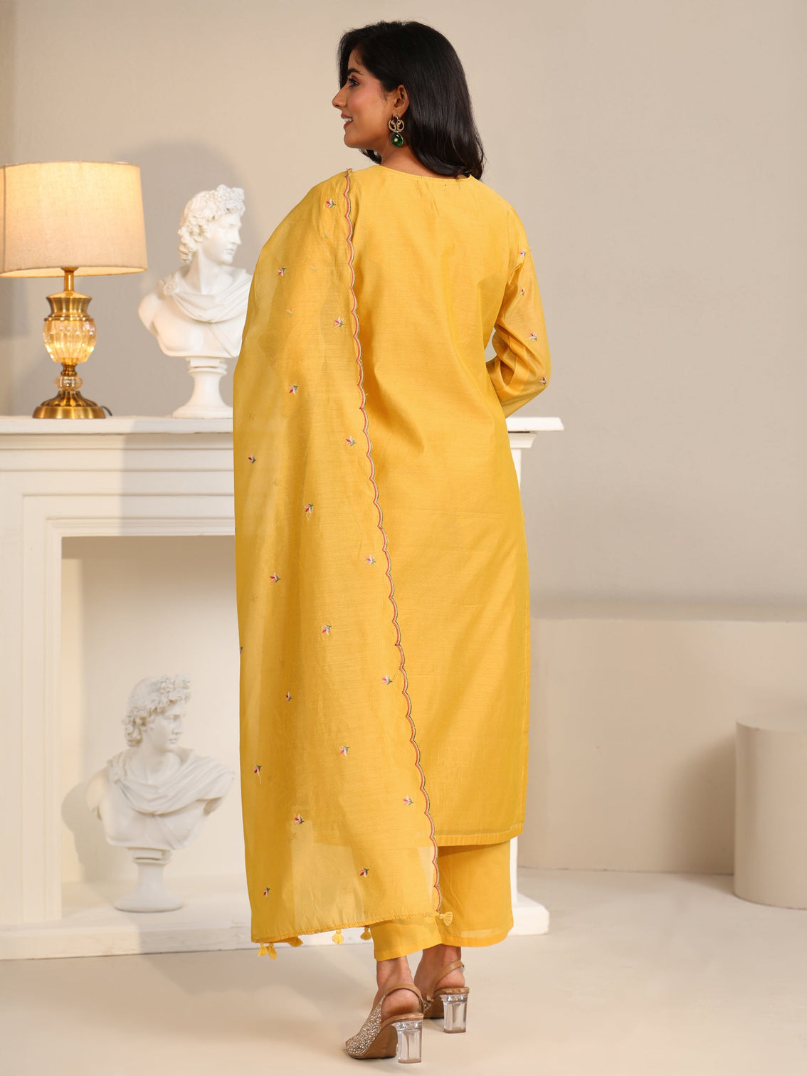 Mameraa Yellow Lotus Embroidered Chanderi Silk Straight Suit Set