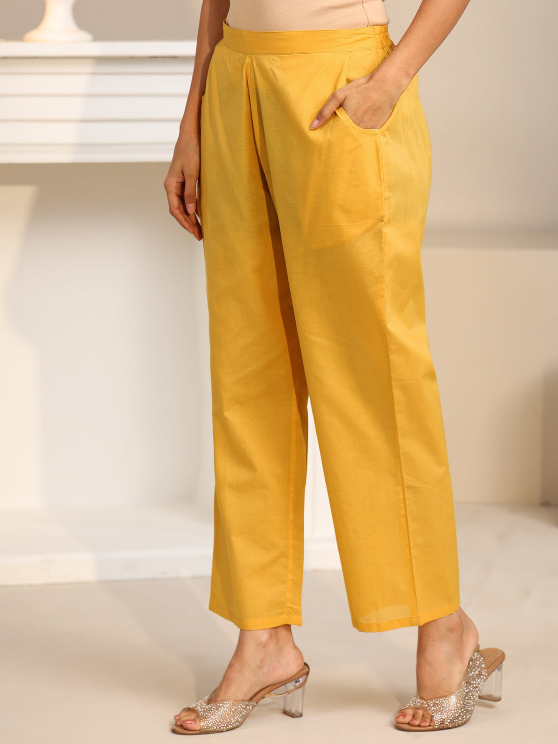 Mameraa Yellow Lotus Embroidered Chanderi Silk Straight Suit Set