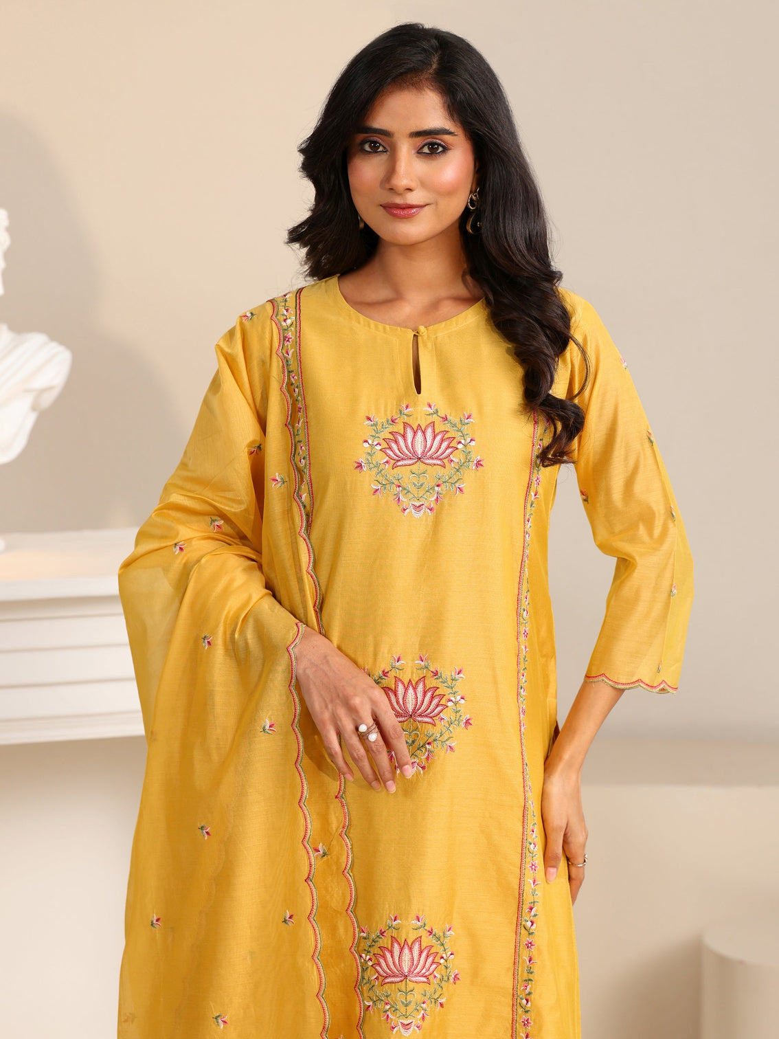 Mameraa Yellow Lotus Embroidered Chanderi Silk Straight Suit Set