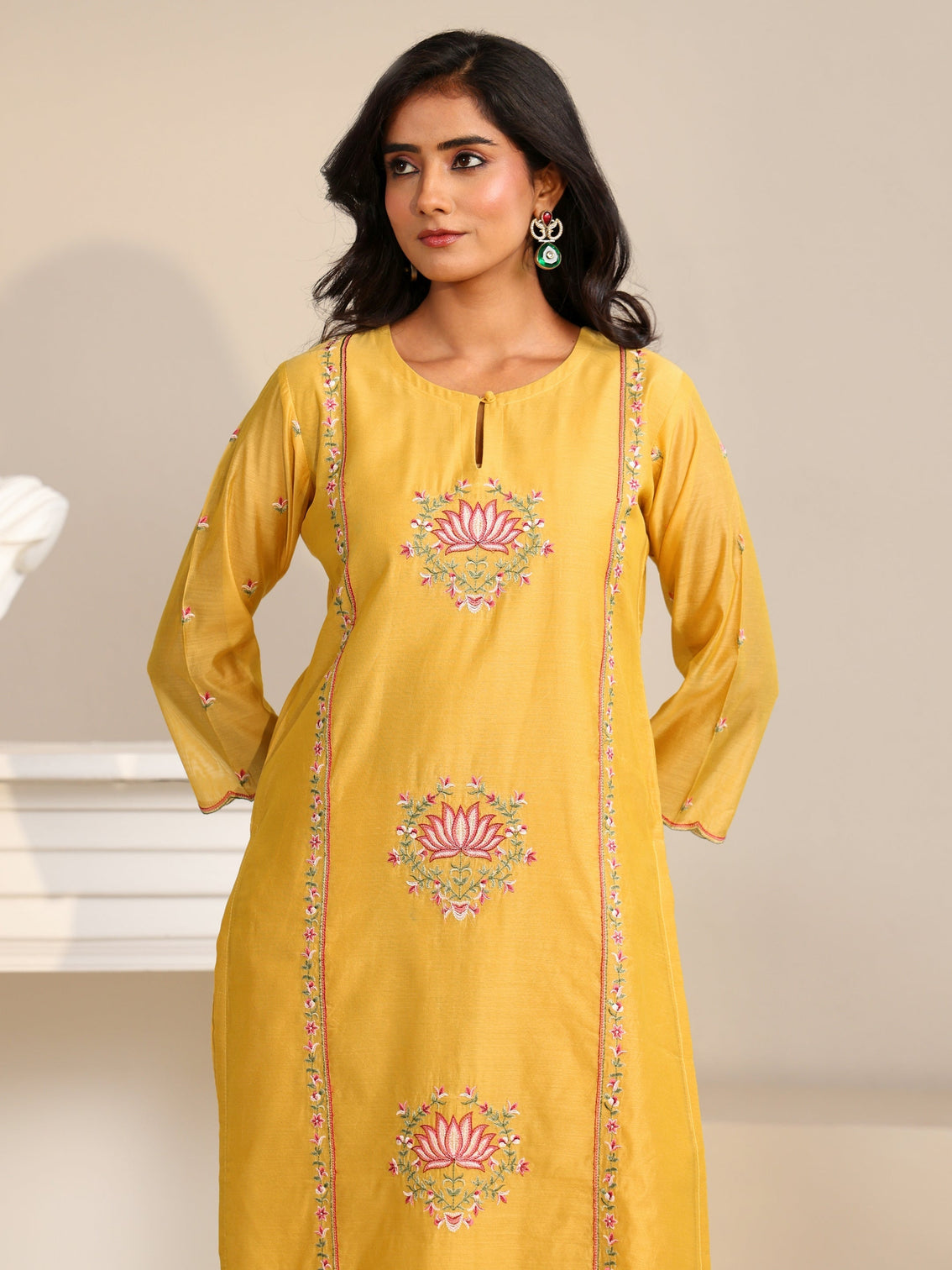 Mameraa Yellow Lotus Embroidered Chanderi Silk Straight Suit Set