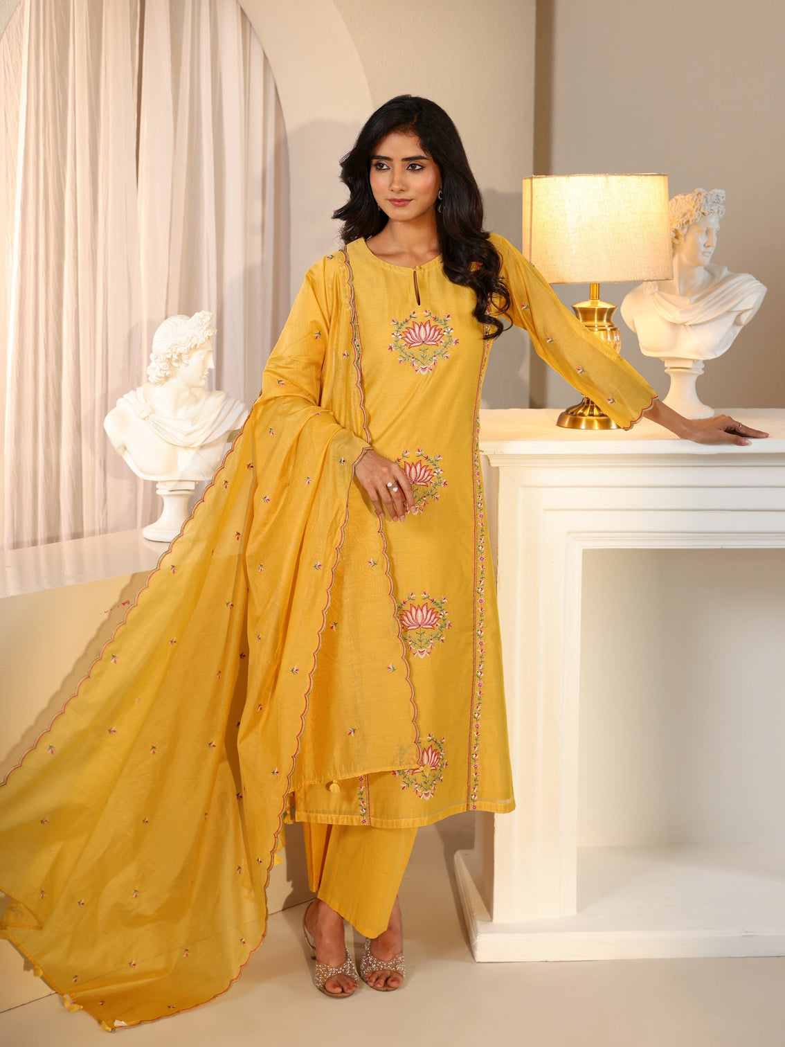 Mameraa Yellow Lotus Embroidered Chanderi Silk Straight Suit Set