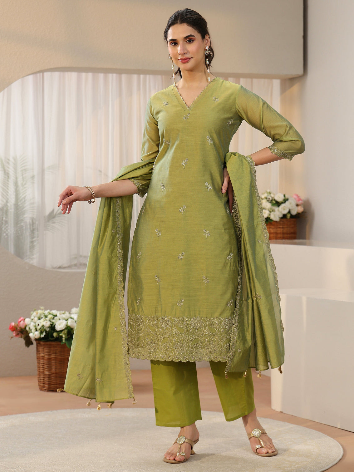Mameraa Leaf Green Floral Embellished Chanderi Silk Straight Suit Set