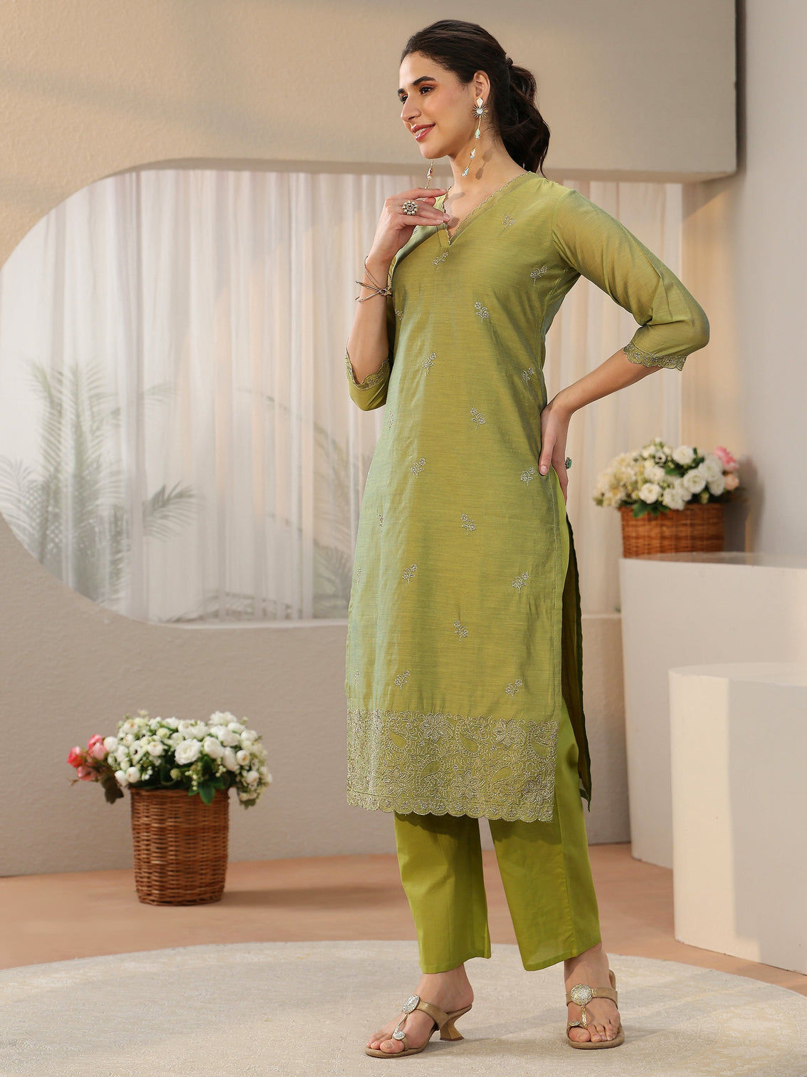 Mameraa Leaf Green Floral Embellished Chanderi Silk Straight Suit Set