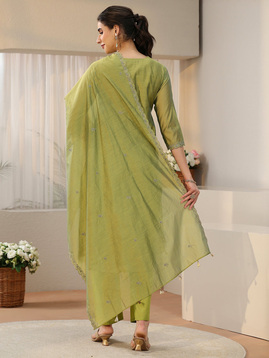 Mameraa Leaf Green Floral Embellished Chanderi Silk Straight Suit Set