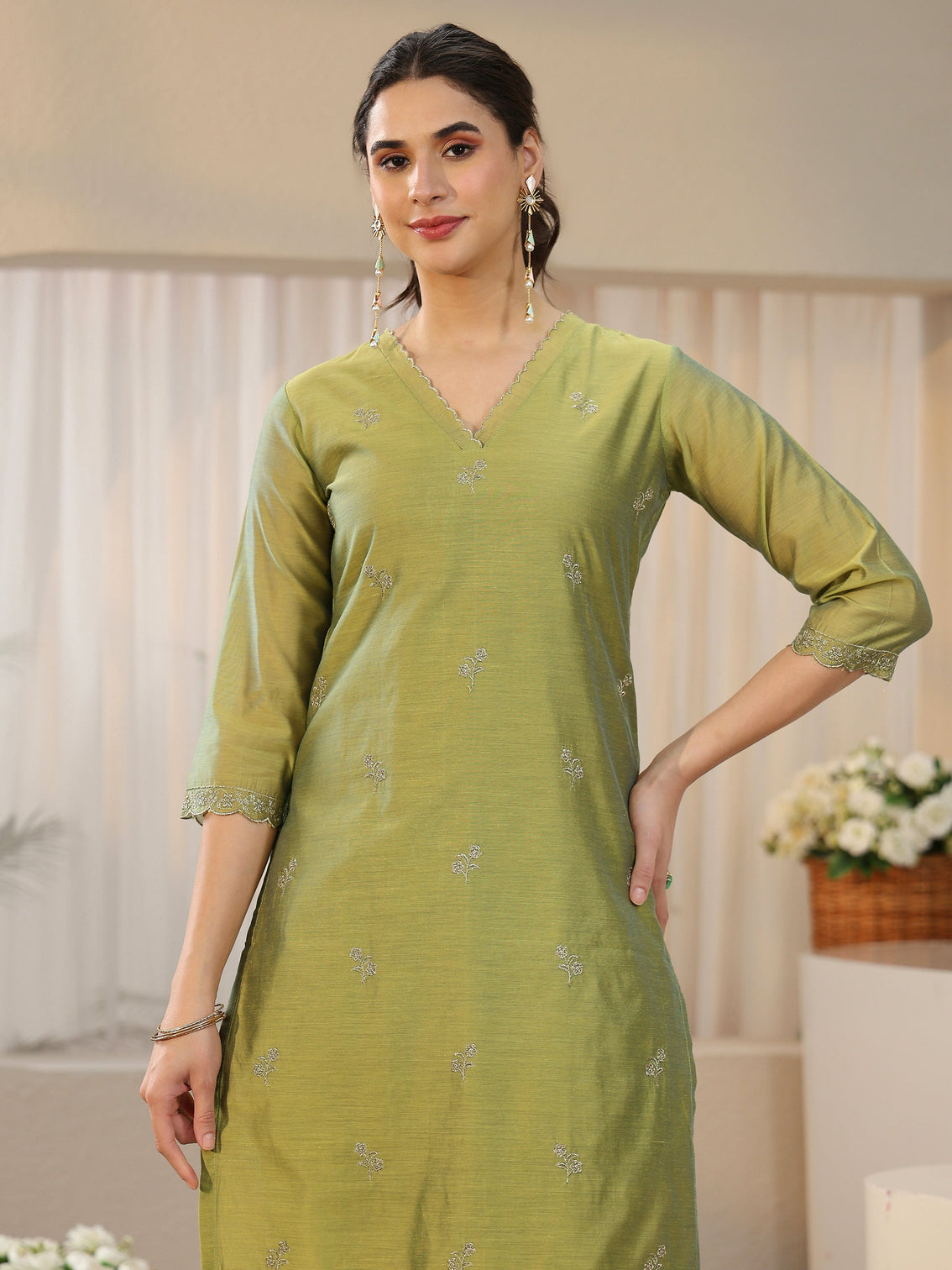 Mameraa Leaf Green Floral Embellished Chanderi Silk Straight Suit Set