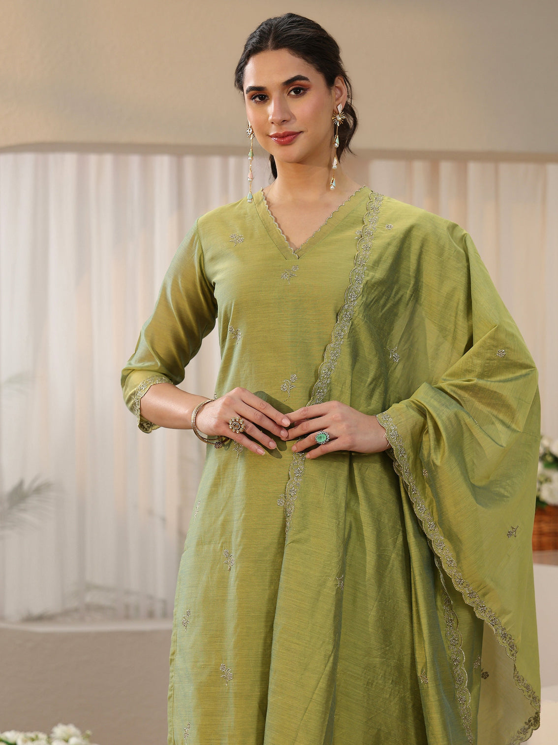 Mameraa Leaf Green Floral Embellished Chanderi Silk Straight Suit Set