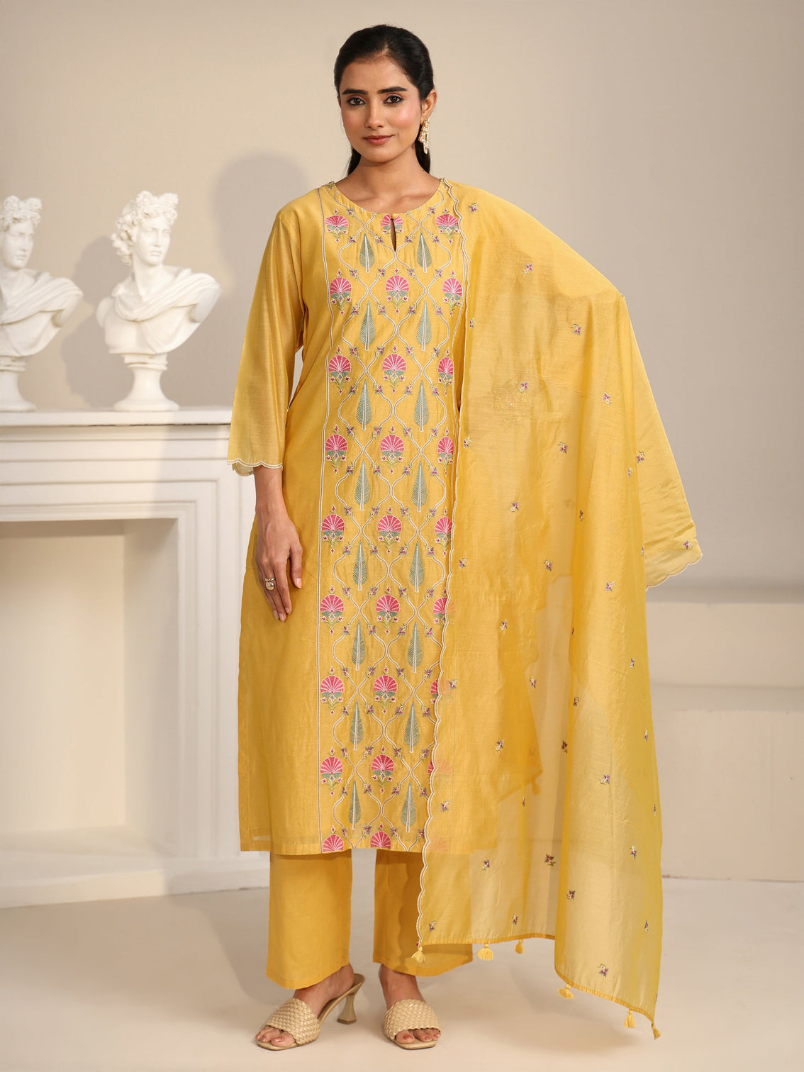 Mameraa Yellow Floral Embroidered Chanderi Silk Straight Suit Set