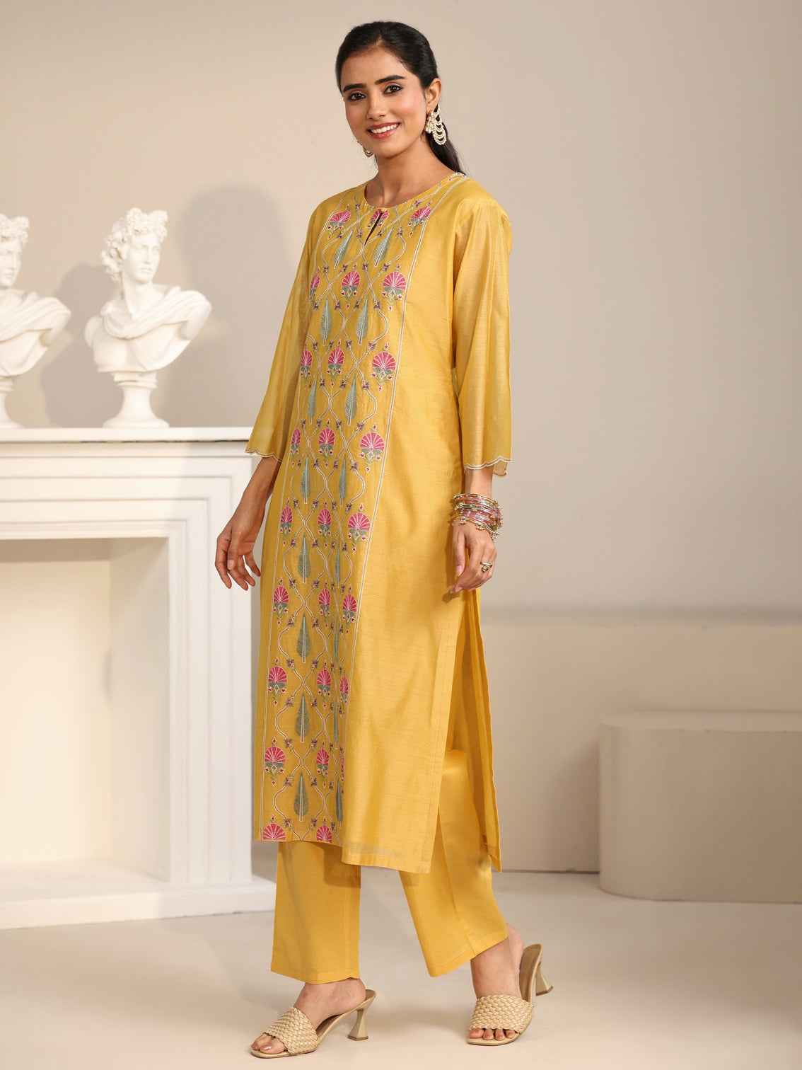 Mameraa Yellow Floral Embroidered Chanderi Silk Straight Suit Set