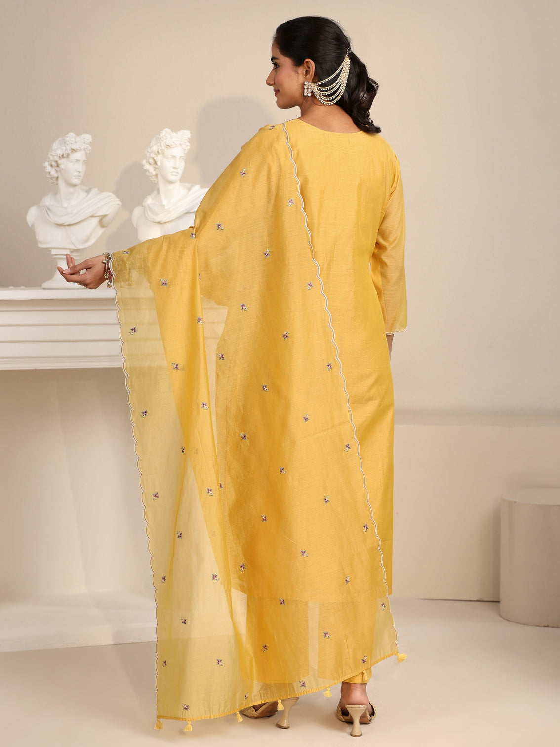 Mameraa Yellow Floral Embroidered Chanderi Silk Straight Suit Set