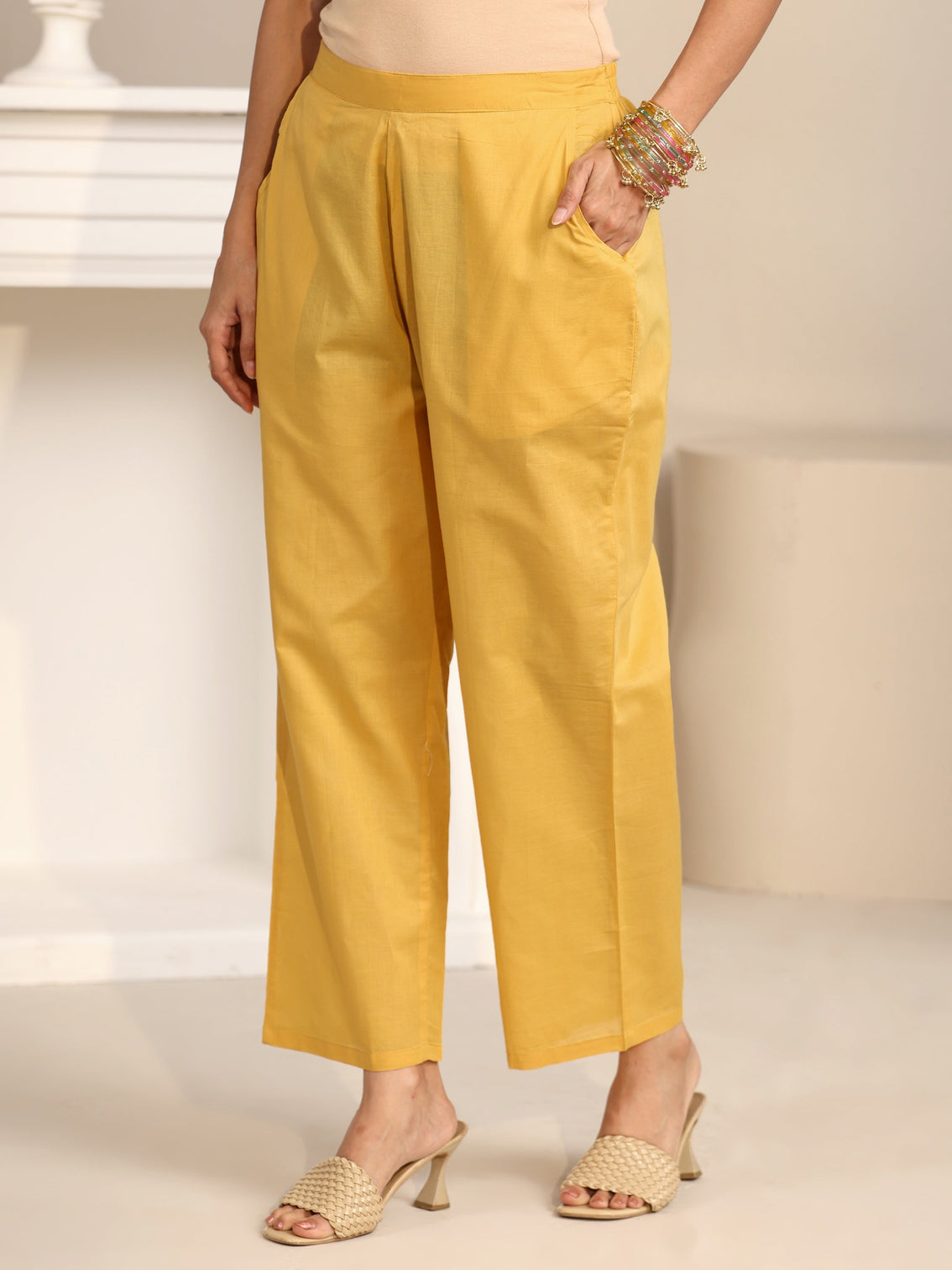 Mameraa Yellow Floral Embroidered Chanderi Silk Straight Suit Set
